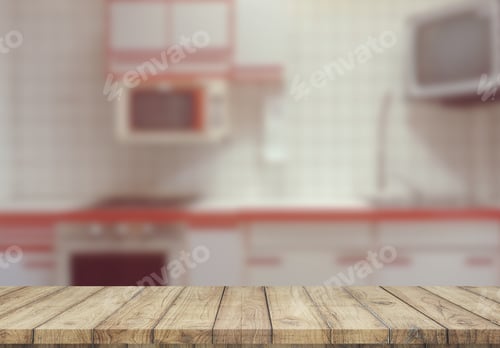 Preview: Empty wooden top table with blurred kitchen interior Background. for product display
