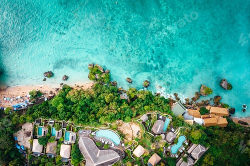 Preview: Aerial view of a luxurious coastal resort located on a sunny beach of a tropical island in Indonesia