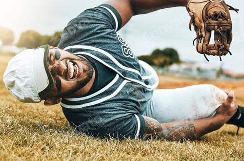 Preview: Baseball player, sports injury and knee pain with athlete man on grass pitch for leg osteoporosis a