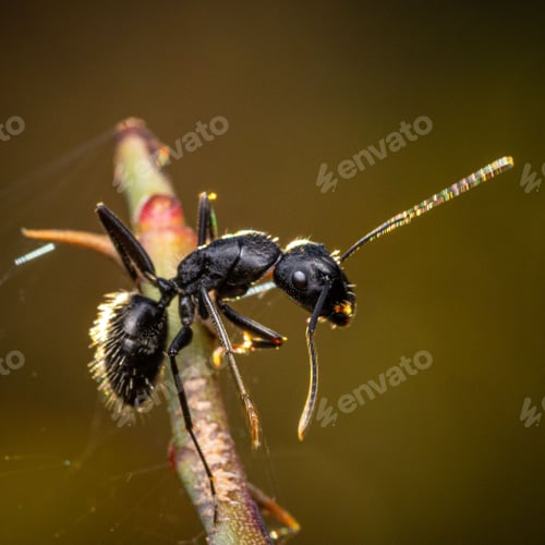 Preview: Macro shot of a black ant on a twig.