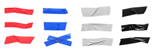 Preview: Collage with pieces of colorful insulating tapes on white background, top view