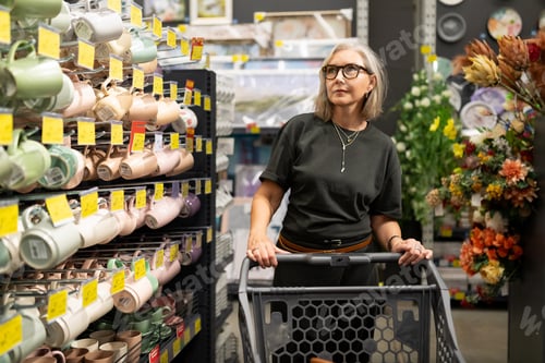 Preview: Woman shopping in a hypermarket while selecting home goods and decor items with genuine emotions