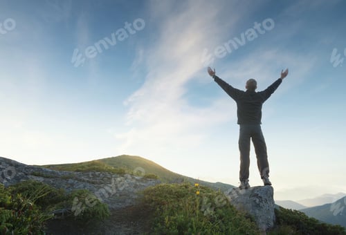 Preview: Silhouette of a winner on mountain top.