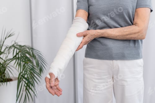 Preview: Cropped view of senior woman touching arm in plaster bandage in clinic