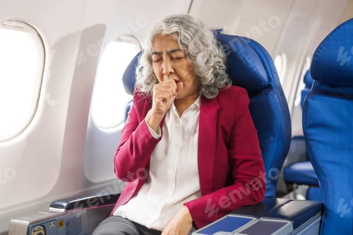 Preview: A mature woman sits by the window on a passenger plane, traveling abroad. She looks unwell