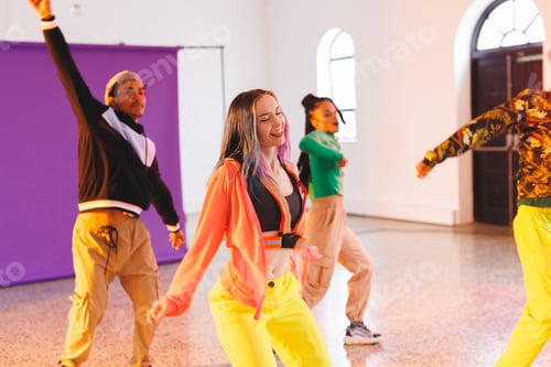 Preview: Image of group of group of diverse female and male hip hop dancers taking part in photo shot