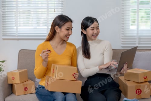 Preview: Two women engaging in online business activities with a laptop and cardboard boxes.
