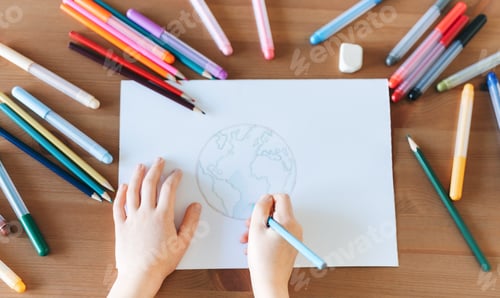 Preview: Child girl drawing with colorful pencils
