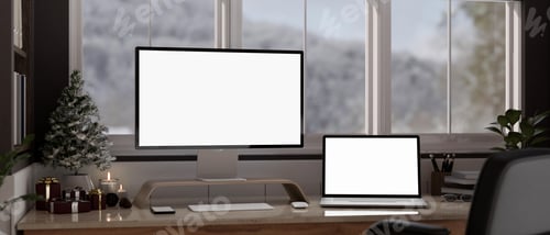 Preview: Modern home workspace on Christmas seasonal interior with computer and laptop mockup