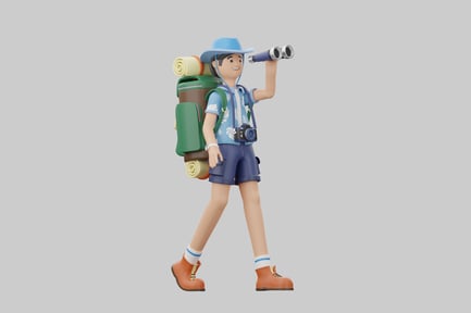 Preview: Cartoon hiker with binoculars and pack