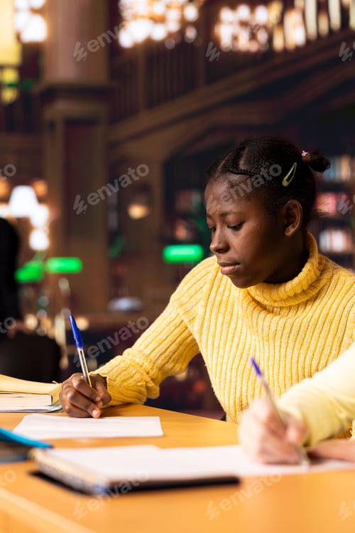 Preview: Two young scholars engaged in research and note taking at a library
