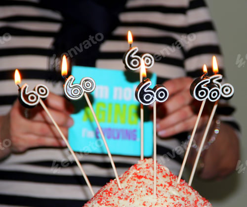 Preview: Woman’s 60th Birthday celebration. She is holding a card that reads.”I’m not aging. I’m Evolving.”