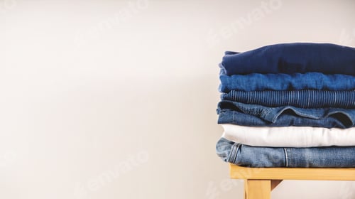 Preview: Clothes Concept. Stack of Clothing on Wooden bench by the Whaite Wall. Blue Navy Tone