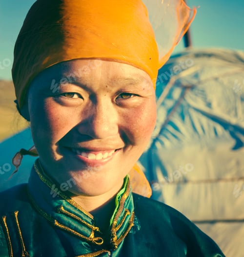 Preview: Mongolian Woman Traditional Dress Tranquil Solitude Concept