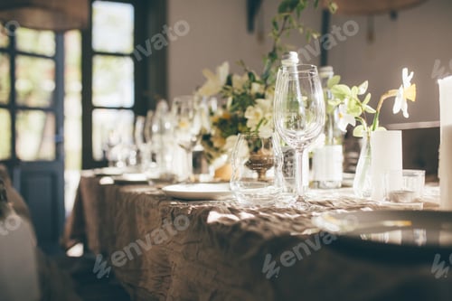 Preview: Birthday. Wedding banquet. Table for guests, decorated with candles and flowers