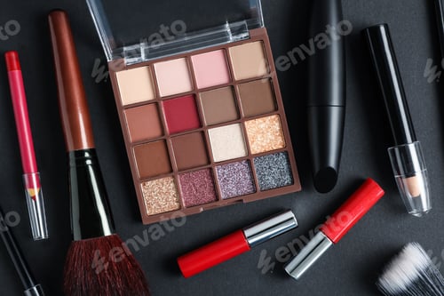 Preview: Set of makeup products on dark background, flat lay