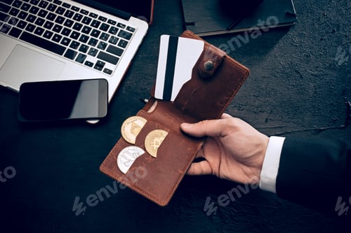 Preview: The golden bitcoin in mail hands
