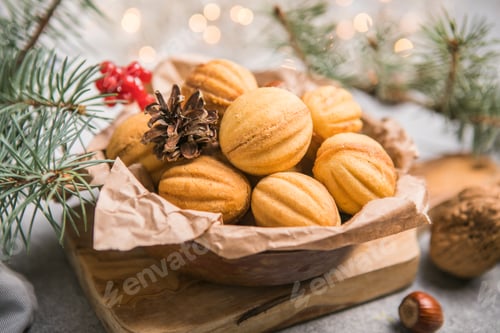 Vorschau: Weihnachtsessen. Russische Shortbread-Kekse in Walnussform Oreshki
mit Karamell. Nahaufnahme