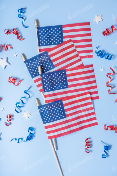 Preview: USA Independence day concept. USA flags and Red and blue spirals and white stars top view
