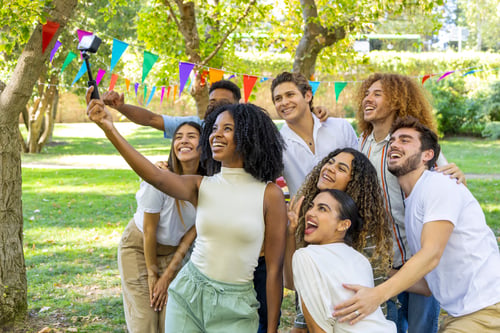 Preview: A group of friends takes a selfie with a selfie stick, smiling and enjoying an outdoor gathering