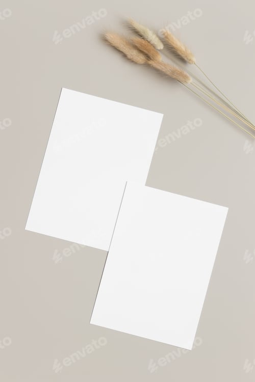 Preview: Two white invitation cards mockup with a lagurus decoration. 5x7 ratio, similar to A6, A5.