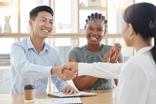 Preview: Handshake, business partnership or success deal in office support, trust or crm in b2b collaboratio