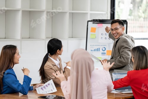 Preview: Business people meeting in office with graph chart on board, discussion for financial report,