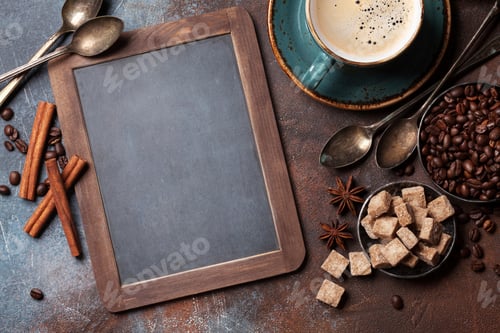 Preview: Coffee cup, beans and sugar
