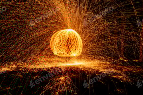 Preview: Orange circle moving light fire trails on black background