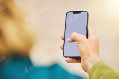 Preview: Hand, phone and mockup for social media, advertising or marketing in texting, chatting or communica