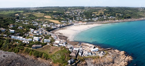 Preview: Aerial view of the Cornish fishing village of Coverack and its sandy beach