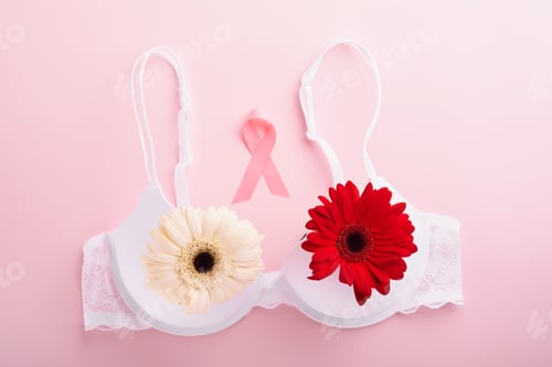 Preview: Breast Cancer Awareness Ribbon. White and red bra, gerberas with pink ribbon tape lying on female br