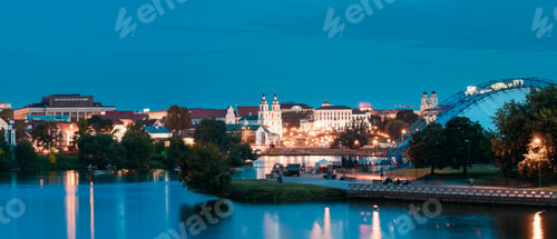 Preview: Minsk, Belarus. Famous Landmarks At Summer Evening In Night Ligh
