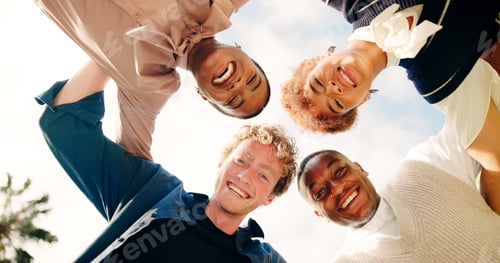 Preview: Happy people, friends and portrait below with huddle for community, teamwork or friendship in natur