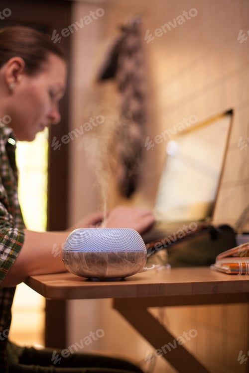 Preview: Businesswoman using laptop at home during covid-19