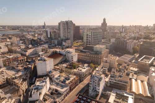 Preview: Aerial view of Montevideo cityscape with iconic buildings.