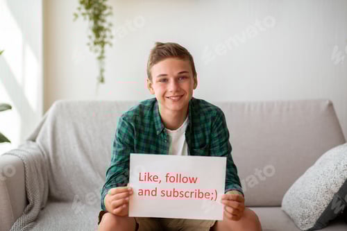 Preview: Teen blogger holding placard with like follow subscribe text