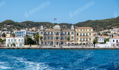 Preview: Spetses island, Greece. Seafront buildings view from the sea