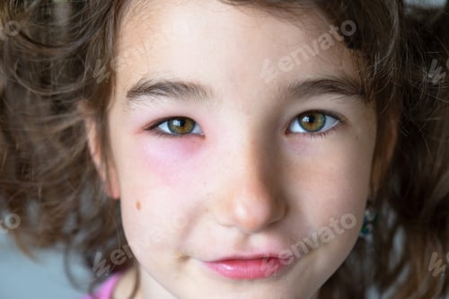 Preview: A red swollen eyelid on a child face in close-up is an allergy to an insect bite. Allergic reaction