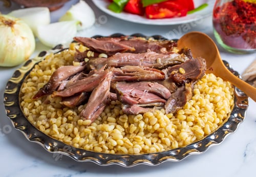 Preview: Lamb shank tandoori on bulgur wheat rice (bulgur bugday pilavi kuzu incik tandir, kuzu tandir)