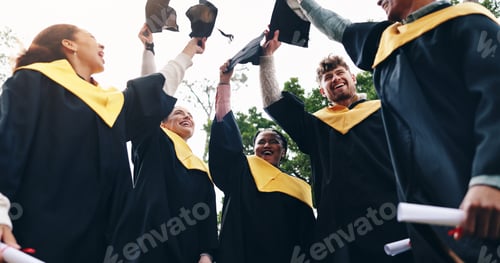 Preview: Students, victory and graduation cap in sky on campus with celebration and success People, college