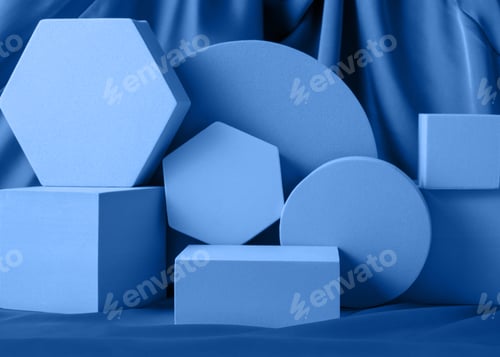 Preview: Geometric shapes night blue stand podium mockup for product display on silk background