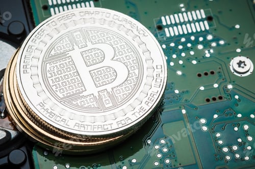 Preview: Stack of Gold and silver metallic bitcoins on electronic circuit motherboard.crypto currency