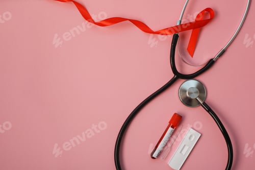 Preview: Red Awareness Ribbon, Stethoscope And HIV Aids Test Kit Arrange On Pink Background