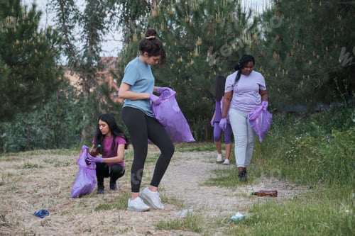 Preview: Group of multiracial active women picking up litter in nature.