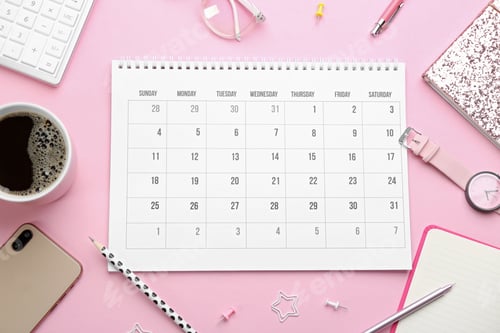 Preview: Flat lay composition with calendar on pink background
