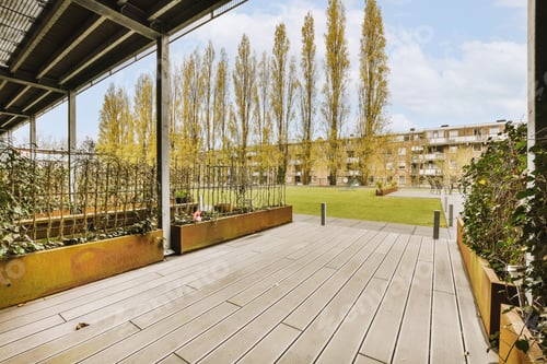 Preview: the deck of a building with a lawn and trees