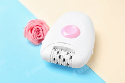 Preview: Modern epilator and flower on color background