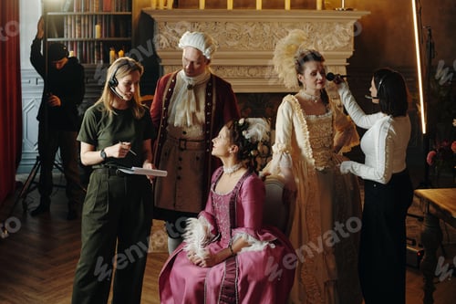 Preview: Caucasian Young Women and Men Preparing for Baroque Renaissance Theater Performance