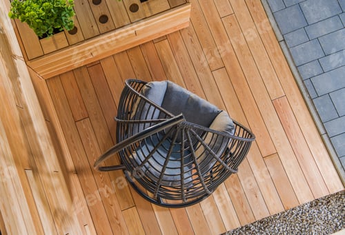 Preview: Modern Backyard Garden Wooden Deck with Hanging Garden Chair